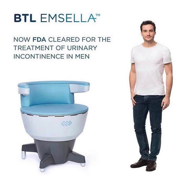 BTL Emsella chair, FDA cleared for men's urinary incontinence treatment, next to a man standing.
