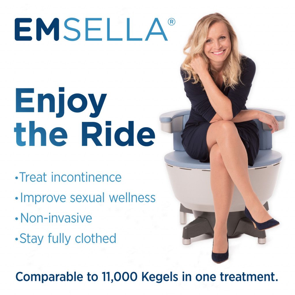 Woman smiling, sitting in EMSELLA chair. Text: Enjoy the Ride. Treats incontinence, improves sexual wellness, non-invasive.