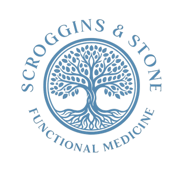 Logo for Scroggins & Stone Functional Medicine: tree of life in a blue circle, with text.