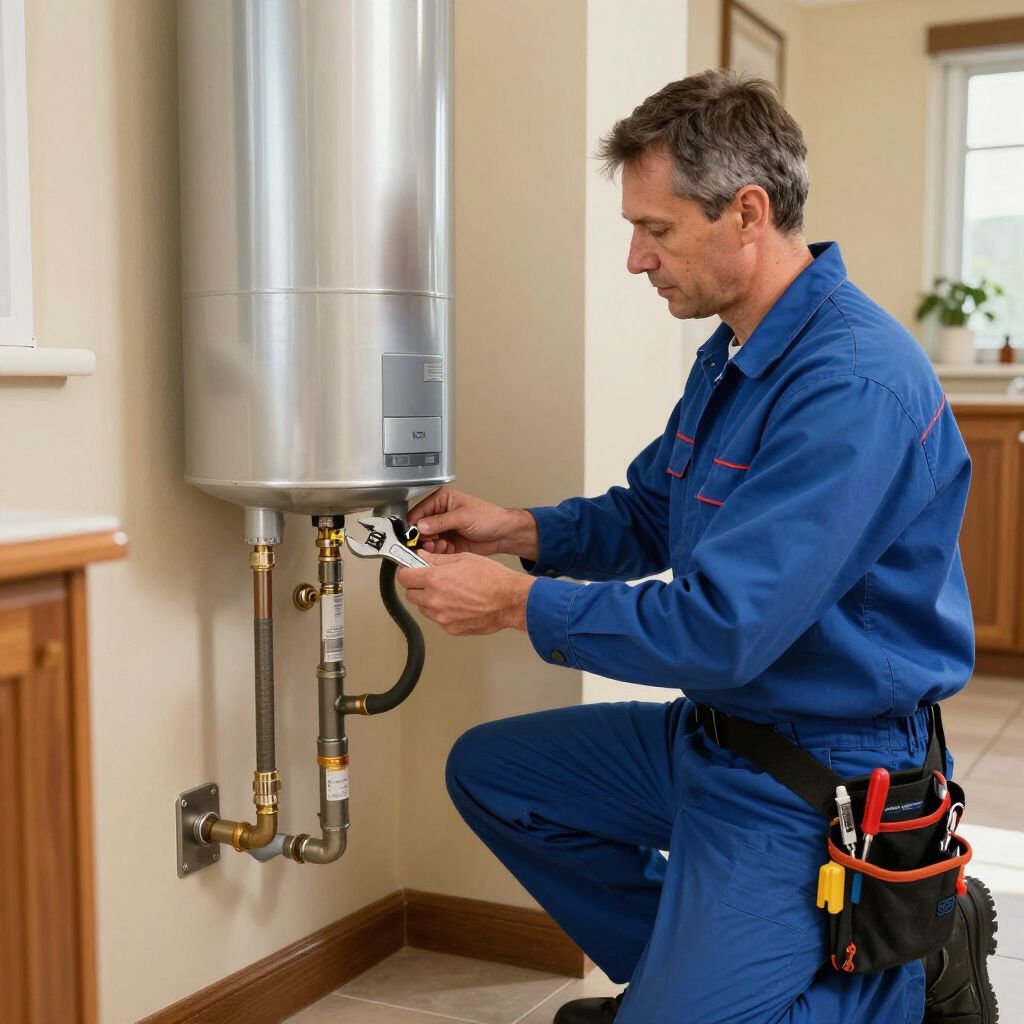 Plumber in blue overalls kneeling, working on water heater with a wrench in a kitchen.