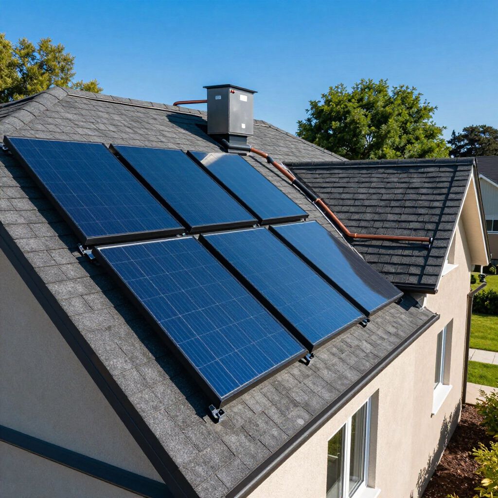 Solar panels on a residential rooftop, capturing sunlight; blue and black.