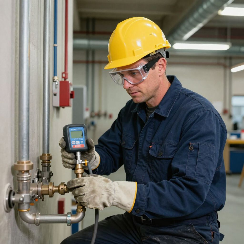 Man in work clothes and safety gear inspects pipes with a digital gauge in a workshop.