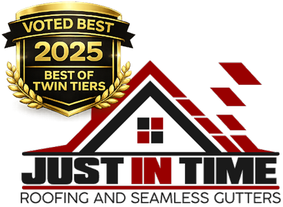 Logo for Just In Time Roofing and Seamless Gutters with 2025 Best of Twin Tiers badge