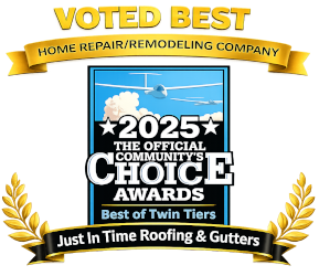 Voted Best award badge for Just In Time Roofing & Gutters, 2025 Community Choice Awards, Twin Tiers