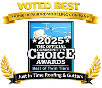 Voted Best award badge for Just In Time Roofing & Gutters, 2025 Community Choice Awards, Twin Tiers