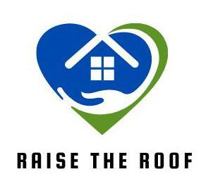 Blue and green heart-shaped house logo with “RAISE THE ROOF” text