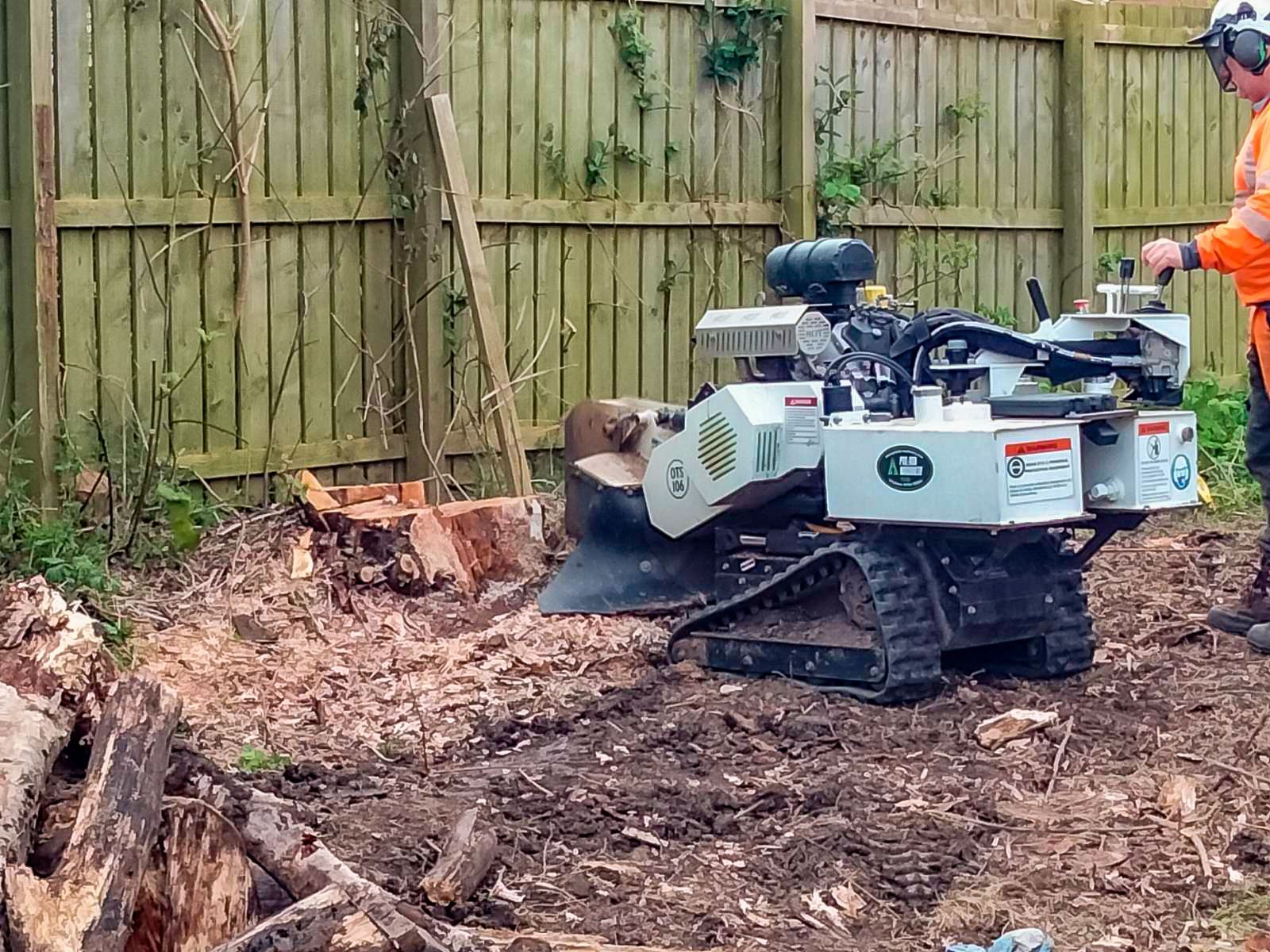 Remaining tree stumps on the land are being ground down with an industrial stump grinding machine.