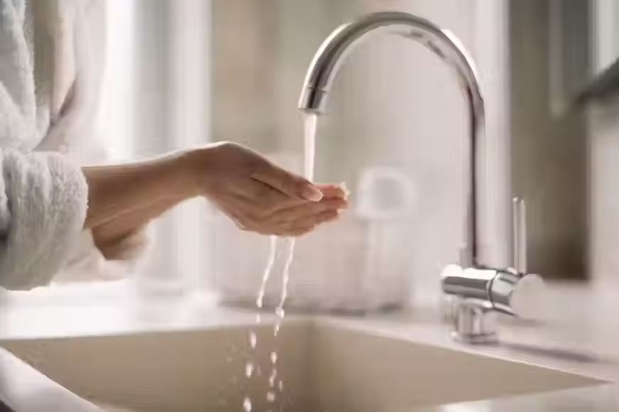 Hand rinsing under a running kitchen faucet in a bright sink