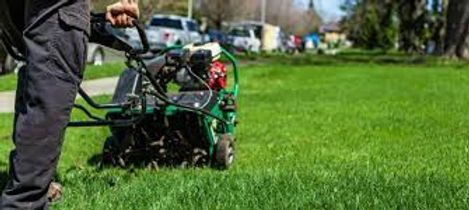 Person using a push mower on a bright green lawn in a yard