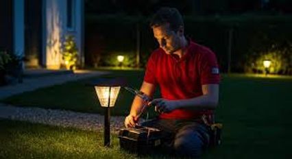 Person sitting on grass at night, working with tools beside a glowing garden lamp.