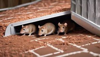 Three small mice peeking from under a metal structure on reddish ground.