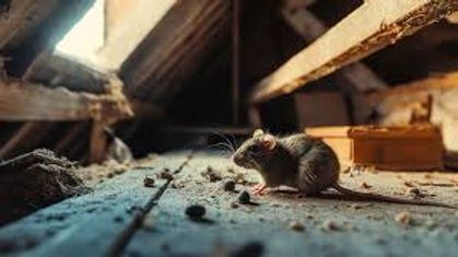 Small mouse on a dusty attic floor beside wooden beams and scattered debris