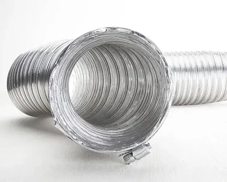 Flexible silver metal duct hose coiled on a white background