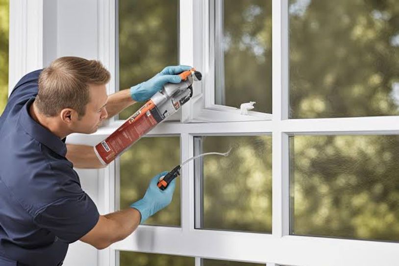 Person caulking a white window frame with a tube of sealant and a caulk gun outdoors