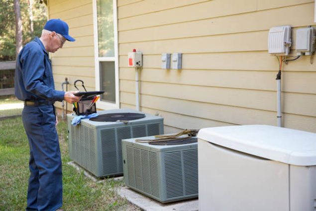 Technician inspecting outdoor air conditioning units beside a house