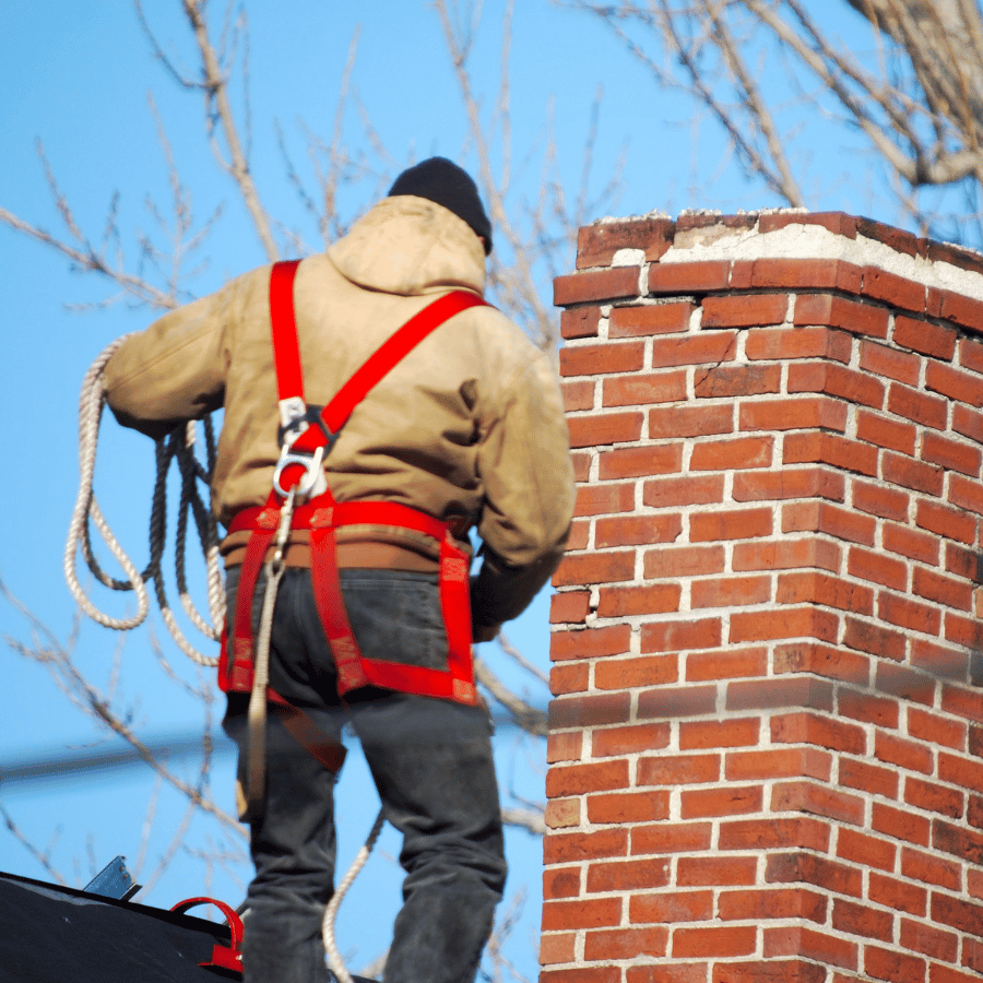 Worker in tan jacket and red harness standing on a brick rooftop chimney against a blue sky