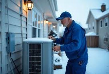 Technician in blue uniform servicing an outdoor HVAC unit beside a house in snowy weather