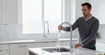 Man in a gray sweater washing hands at a kitchen sink with running water