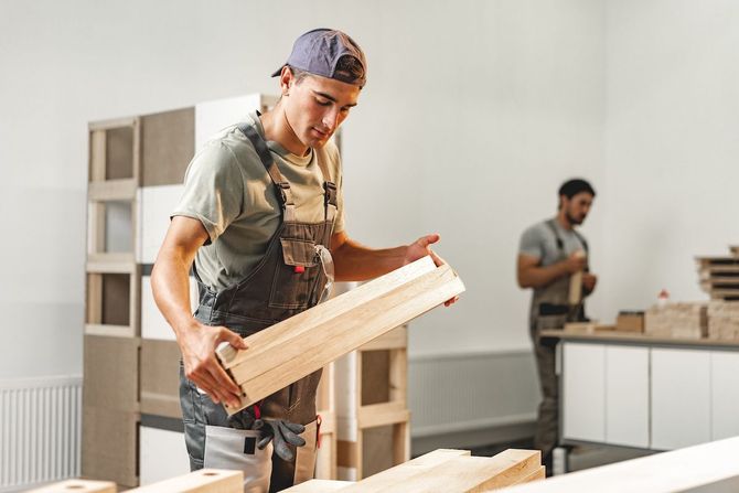 Person in a workshop examining a wooden board while another works in the background