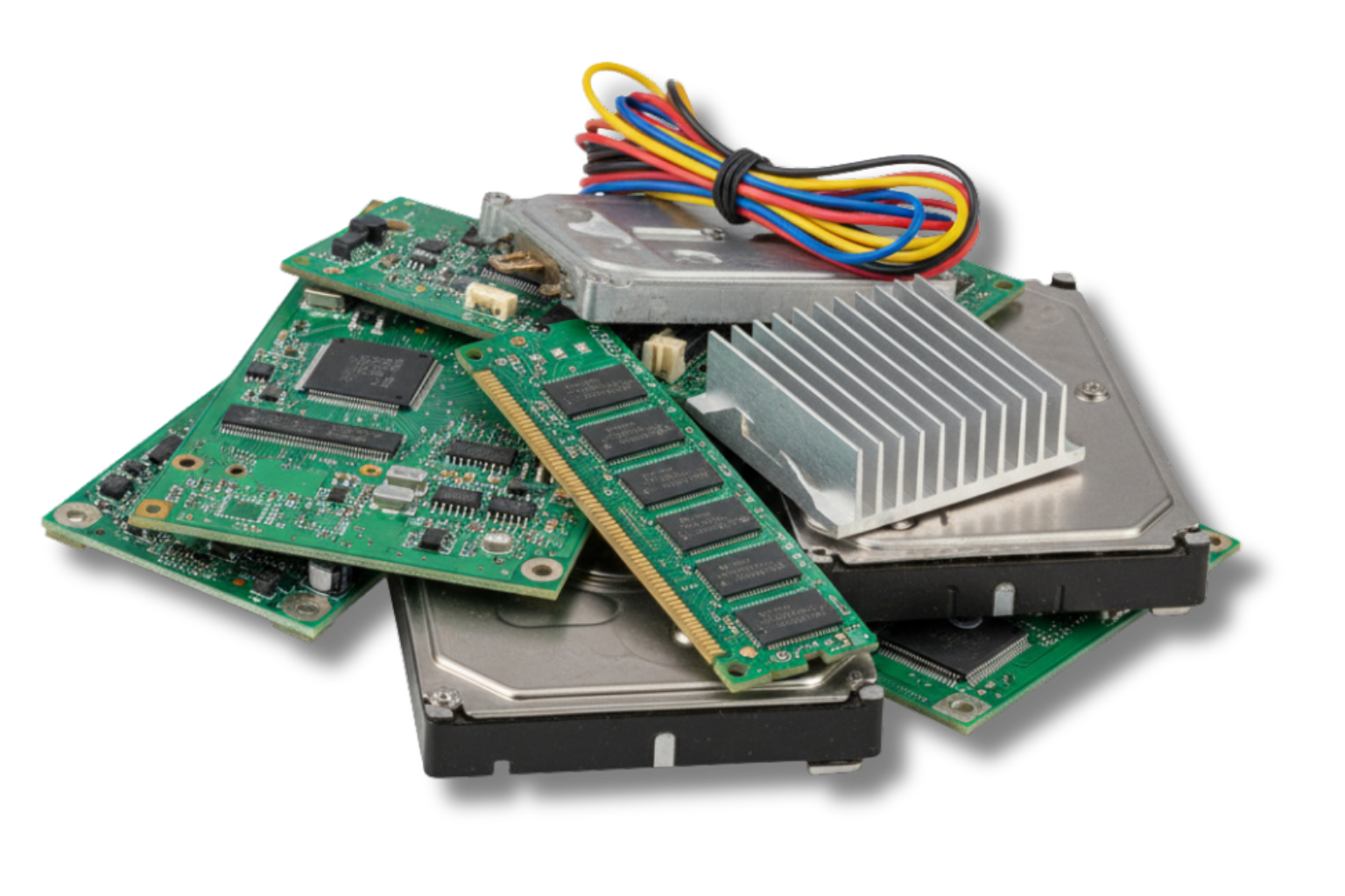 Stapel elektronisch afval: printplaten, RAM-geheugen, harde schijven, koelplaat, draden.
