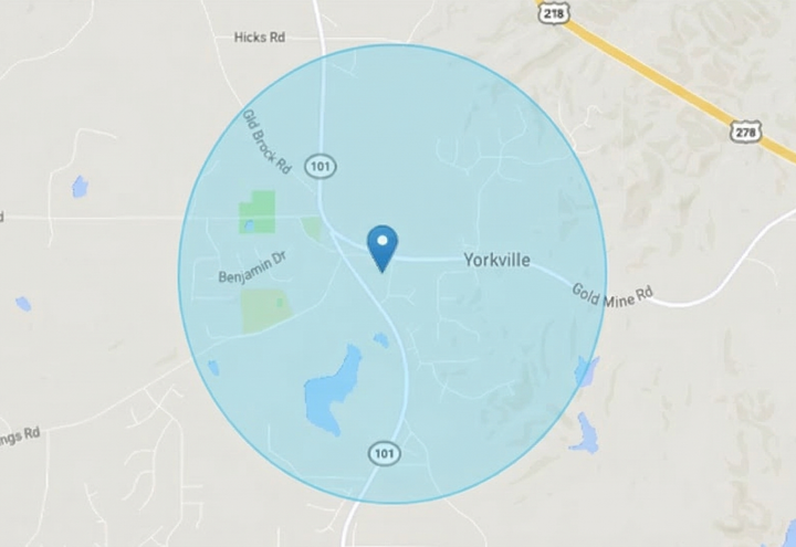 Map of Yorkville, GA with a blue circle overlay, highlighting the surrounding area.
