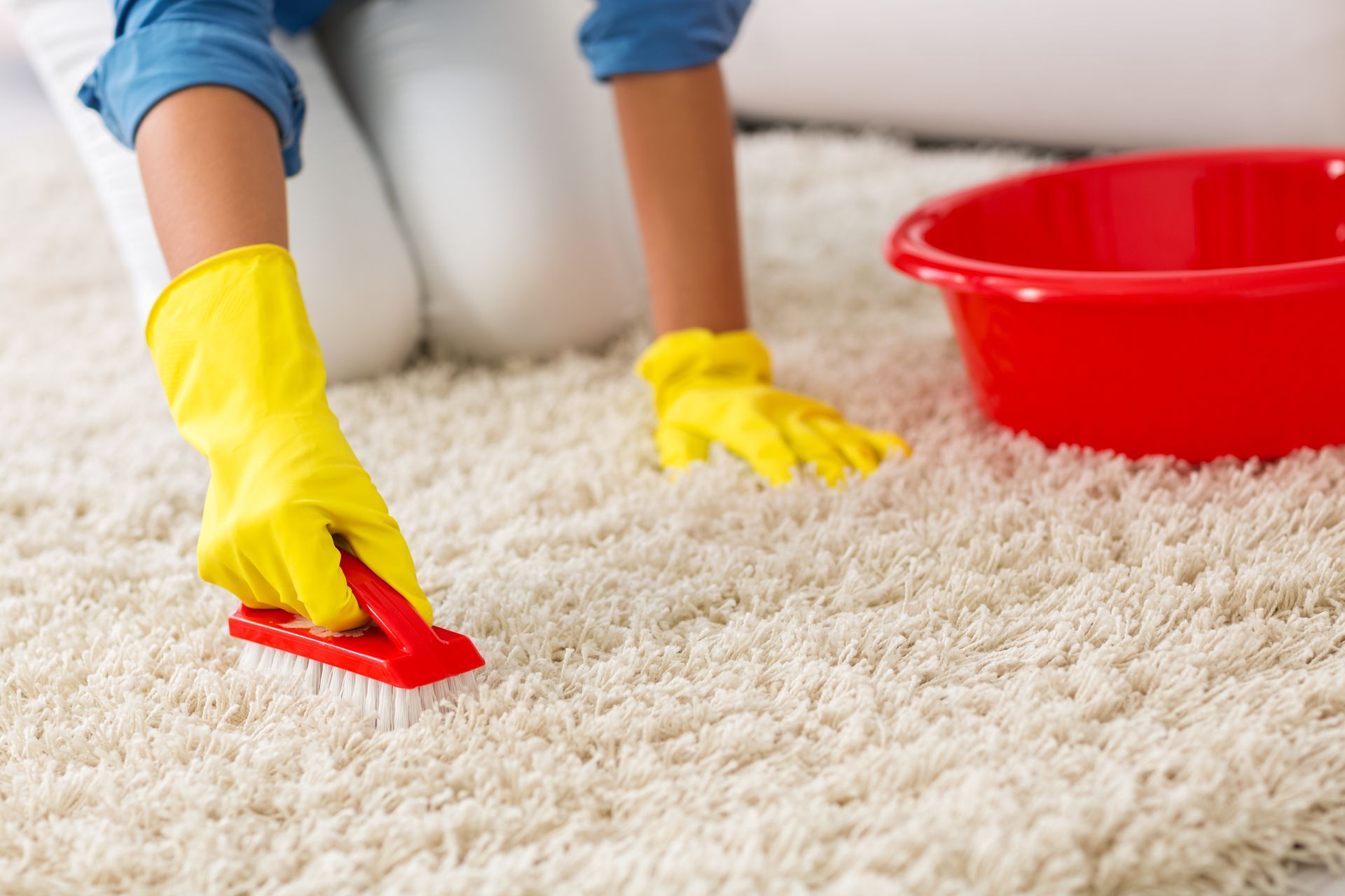 A person wearing yellow gloves is cleaning a carpet with a brush.