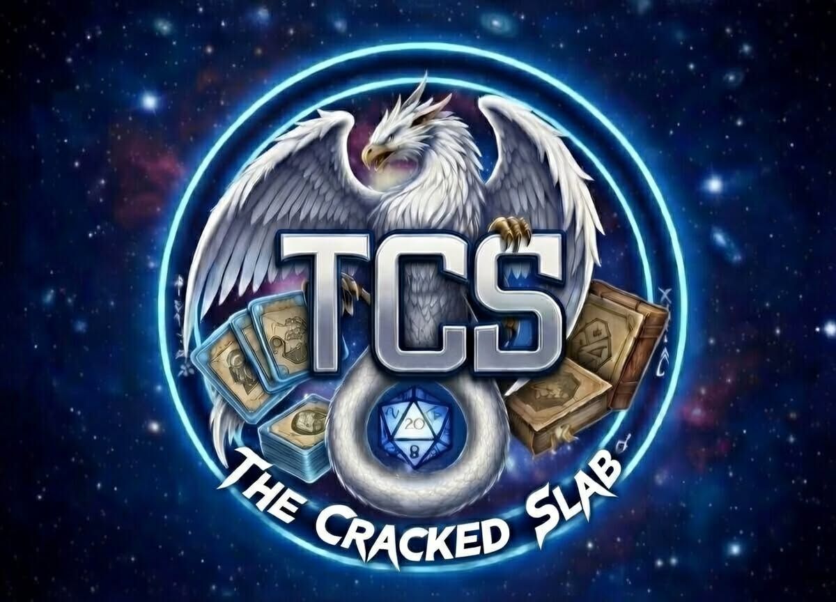 Logo with eagle and game controllers around TCS text on a starry blue background, reading “The Cracked Slab”
