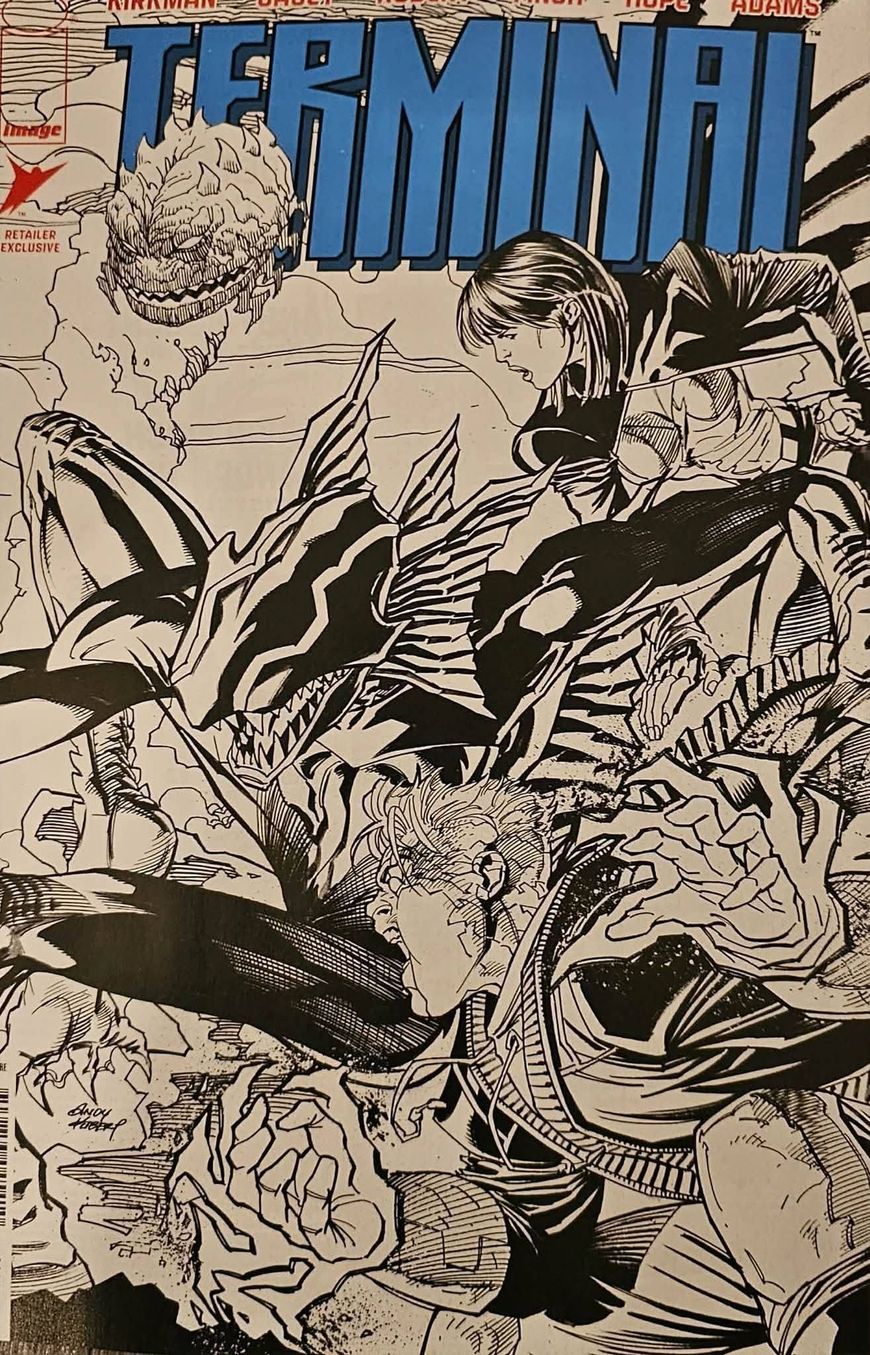 Comic-style cover art with the word “TERMINAL” in blue over a black-and-white illustrated crowd scene.