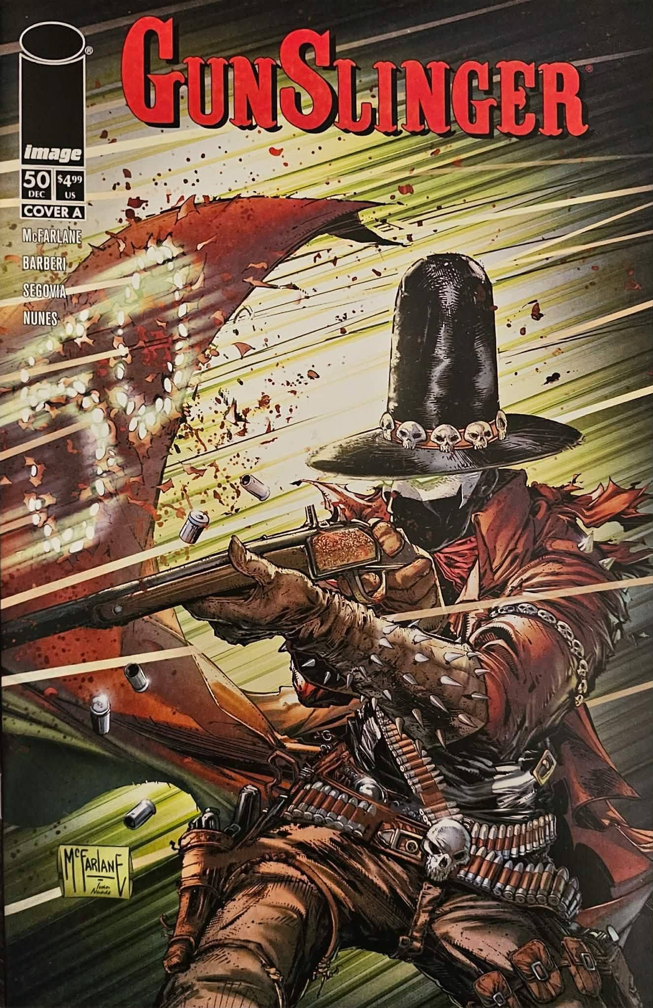 Cowboy gunslinger firing a revolver amid gunfire, with bold red title text and comic-book cover art