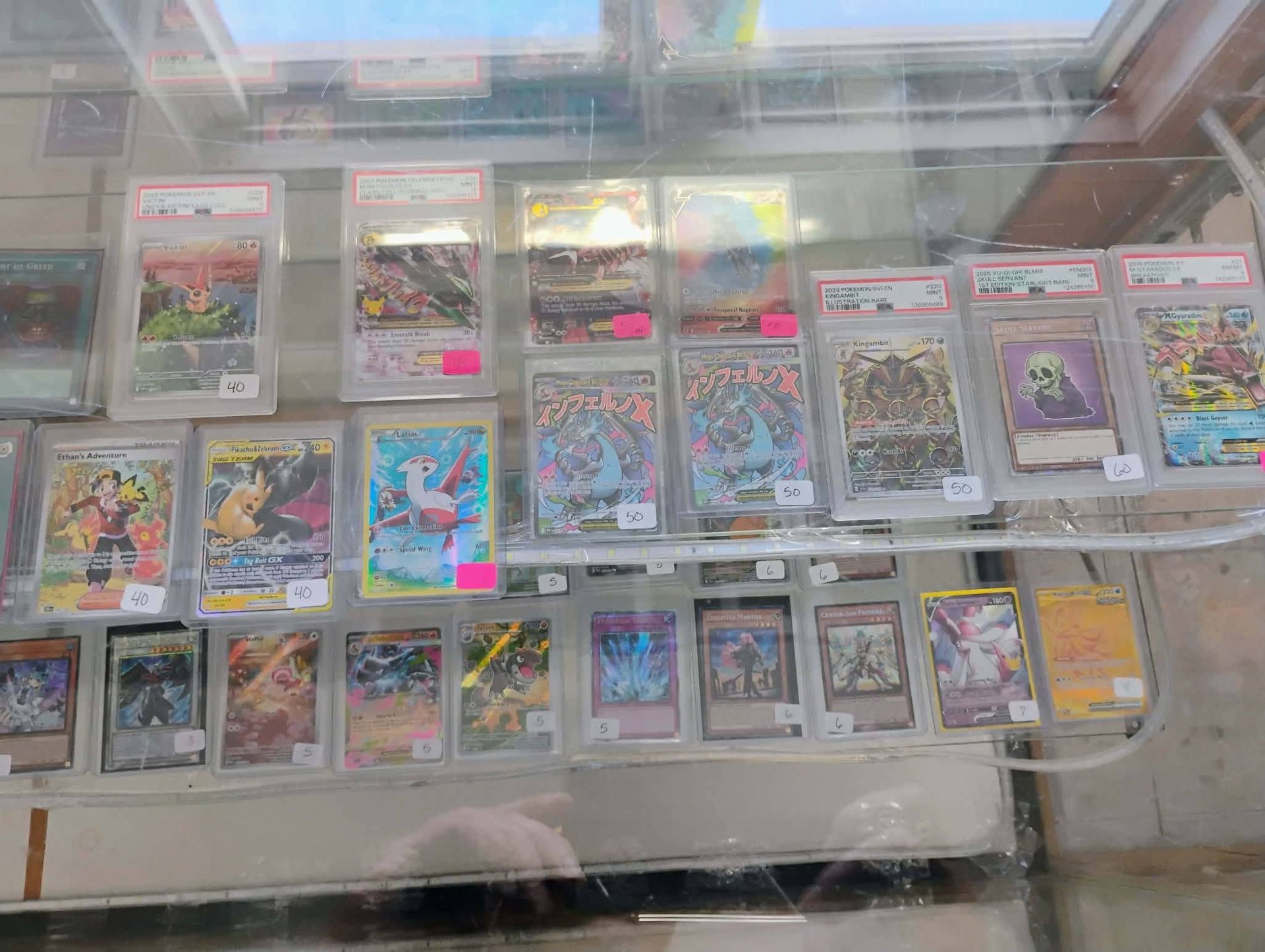 A display case of graded trading cards arranged in rows under a glass shelf.