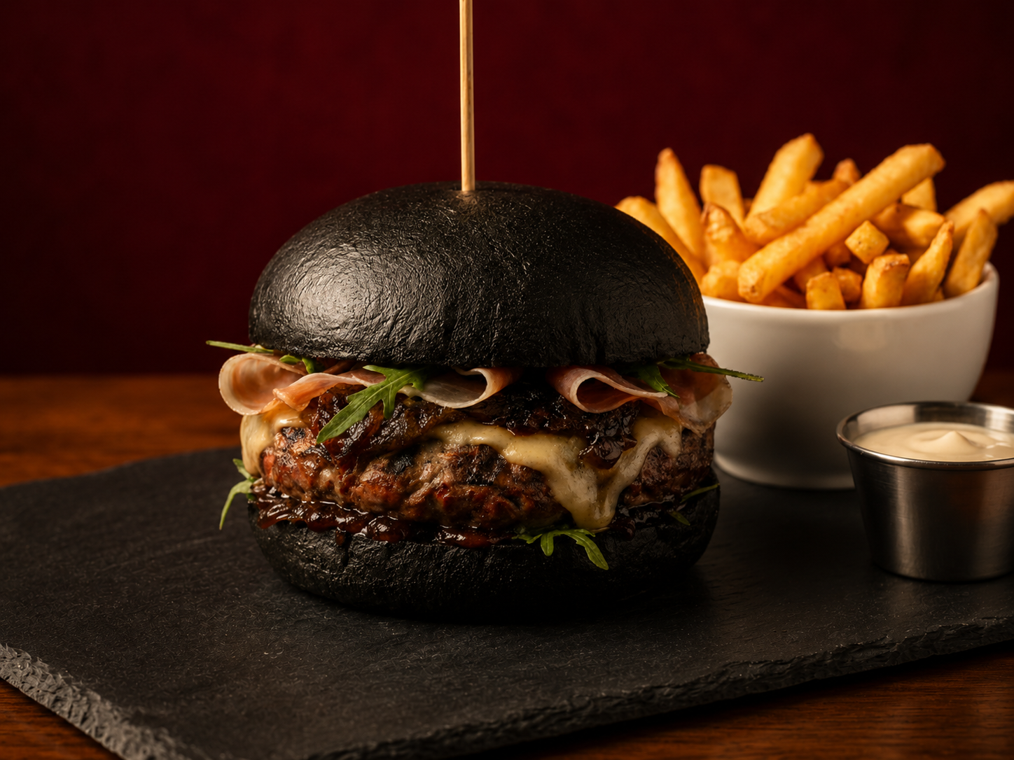 Black fillet burger with fries and dipping sauce on a dark slate board