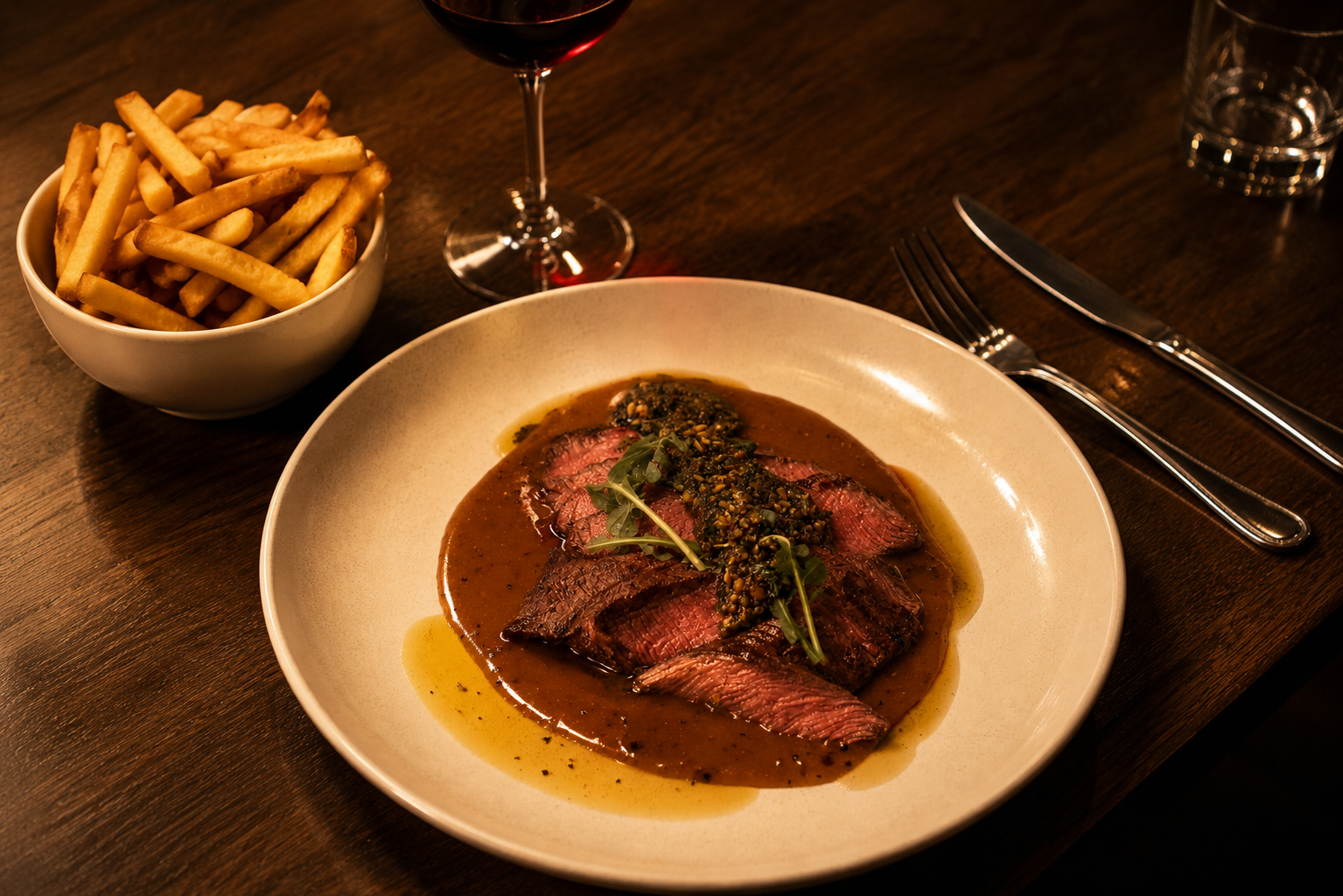 Seared steak with sauce, fries, and red wine on a dimly lit restaurant table.