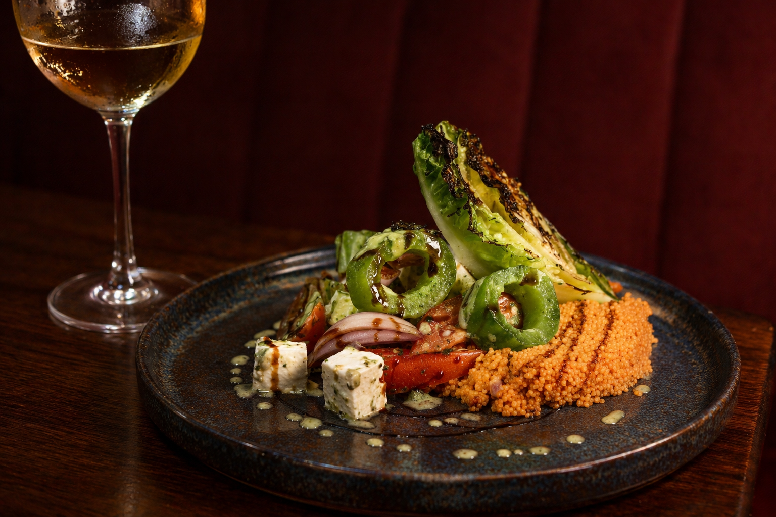 Wine glass beside a plated gourmet salad with grilled vegetables on a dark table.