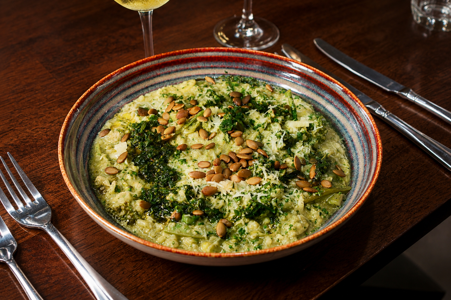 Bowl of creamy risotto on a wooden table with fork and knife beside it