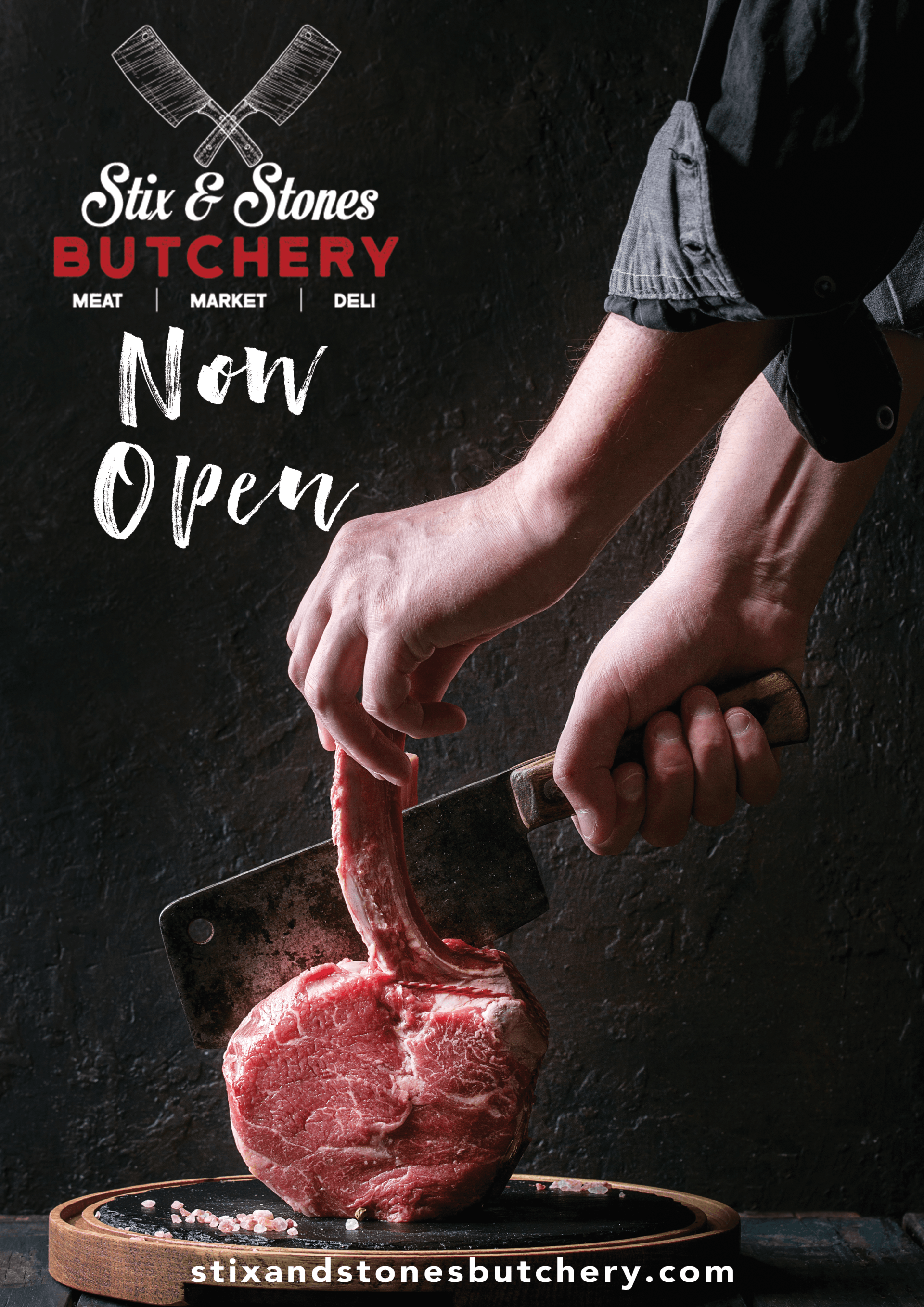 Butcher shop ad with hands slicing raw meat over a cutting board, “Now Open” text on black background