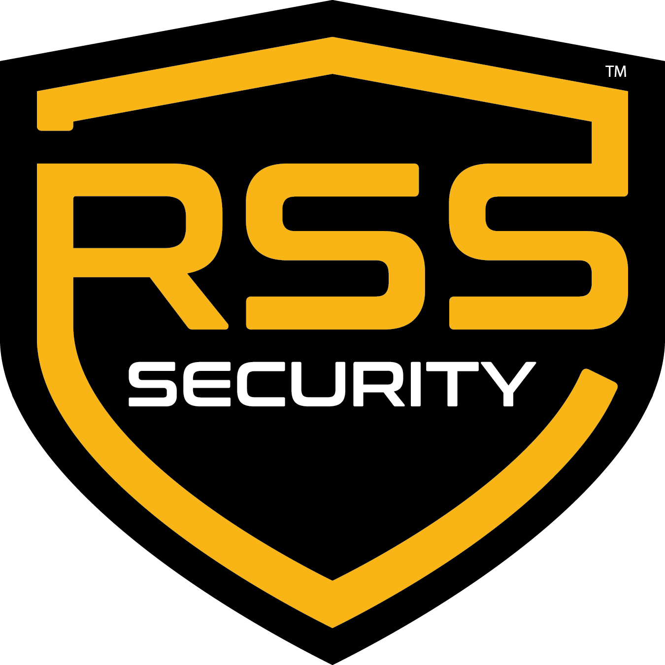 Logo for RSS Security featuring a yellow outline of a shield on a black background with the yellow letters 