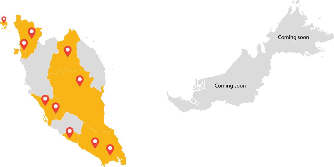 Map of Malaysia with highlighted areas and location markers. The left shows the peninsular with an orange area and the right displays East Malaysia in gray.