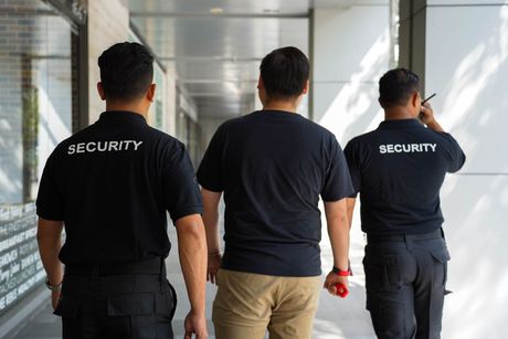 Three men walking down a hallway; two security guards in black shirts with 