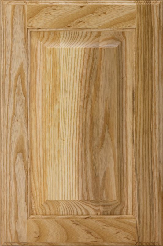 Wooden cabinet door with a raised panel and wood grain detail.