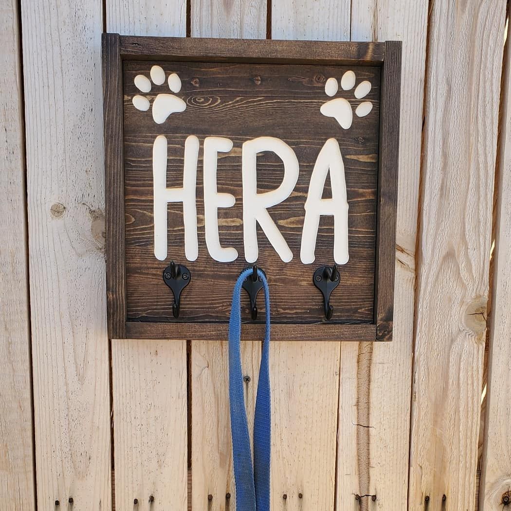 Wooden pet leash holder with dog's name
