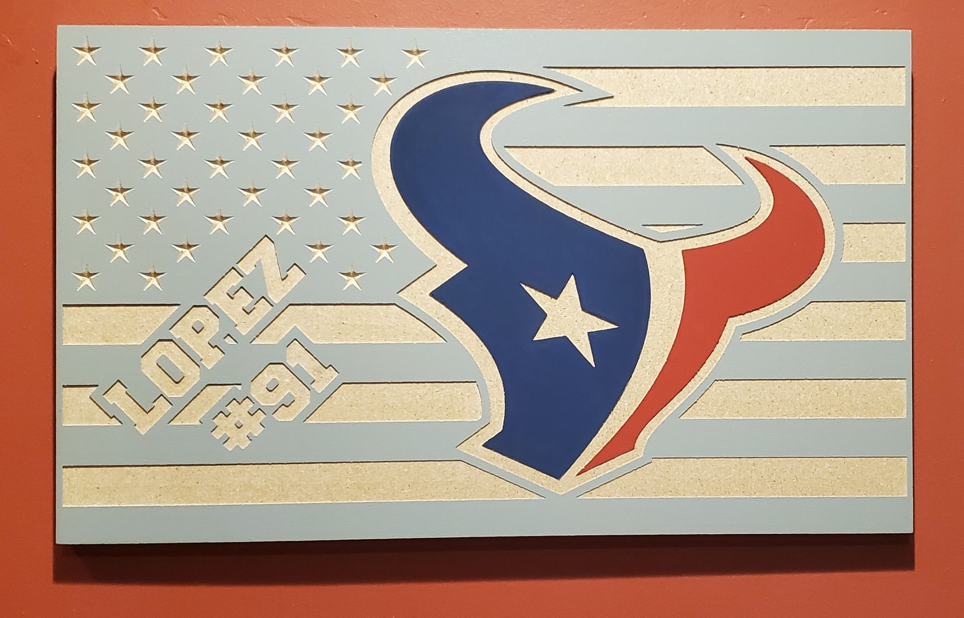 Wood plaque: American flag with Houston Texans logo and