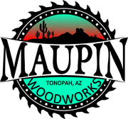 Maupin Woodworks logo: a saw blade frames a desert scene and text "MAUPIN WOODWORKS, Phoenix Metro Area."