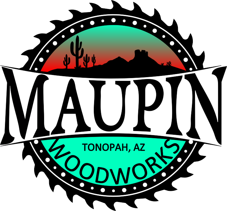 Maupin Woodworks logo: a saw blade frames a desert scene and text "MAUPIN WOODWORKS, Phoenix Metro Area."