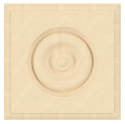 Wooden square panel with a circular, carved design in the center.