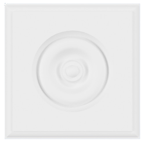 White square ceiling medallion with a circular, recessed design in the center.