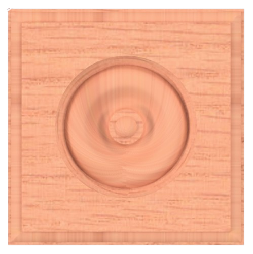 Wooden architectural block with a circular, recessed design carved into it.