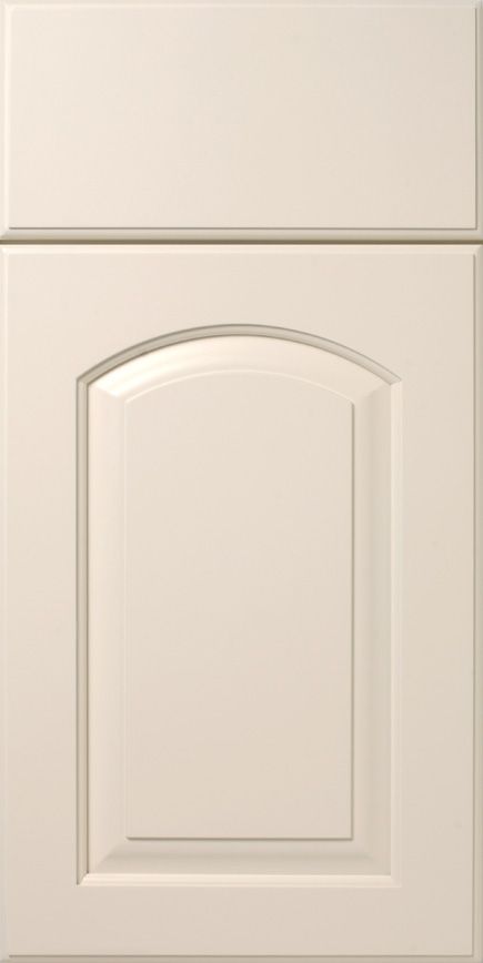 Cream-colored kitchen cabinet door with arched inset panel.