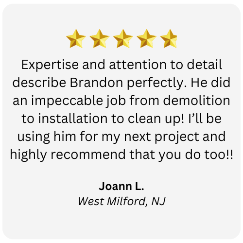 A customer review with four gold stars, praising Brandon's demolition, installation, and cleanup work.
