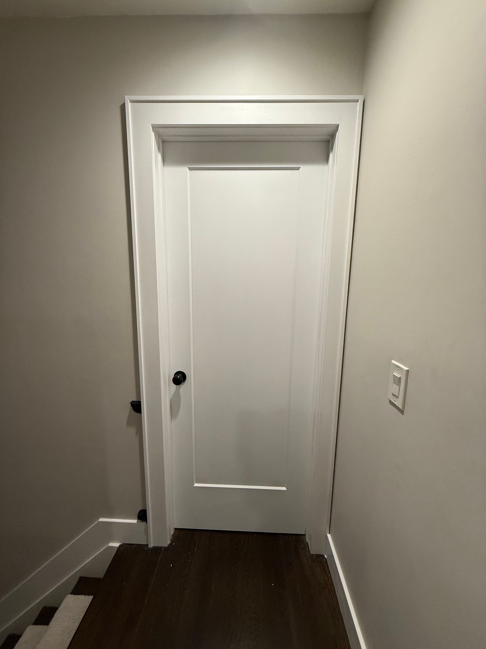Narrow hallway with a white door at the end and dark wood flooring, viewed from the stairs.