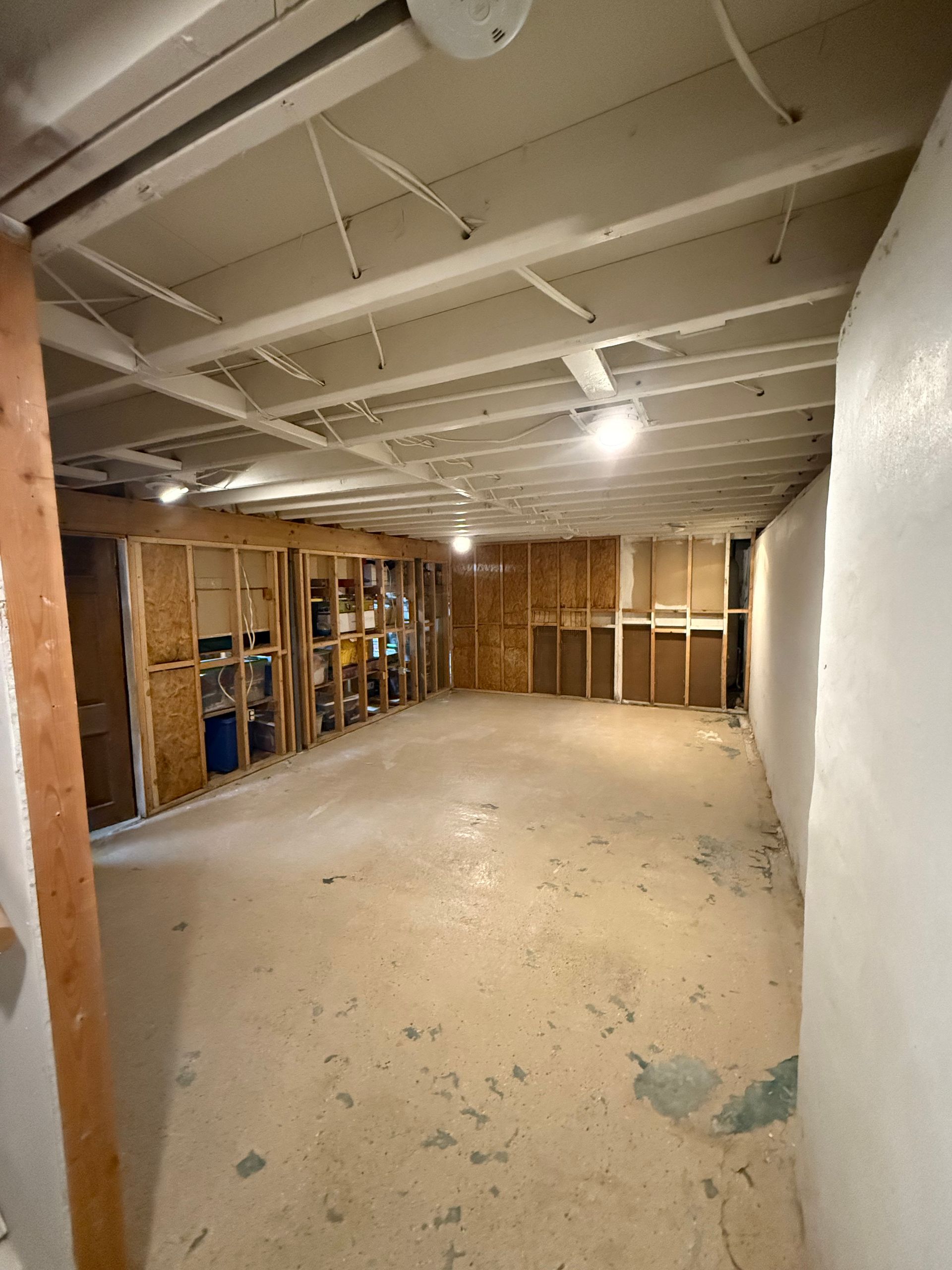 Unfinished basement with exposed framing, concrete floor, and a single bare light bulb.